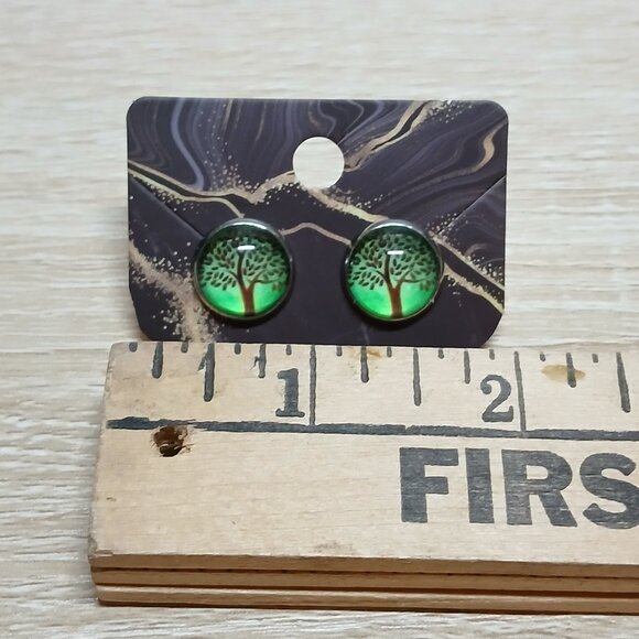 Handmade Silver Tone with Green Tree of Life Stud Earrings Fashion Jewelry #86 - Picture 11 of 11